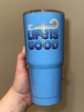 Life Is Good Blue Tumbler with Retro Stripe Logo